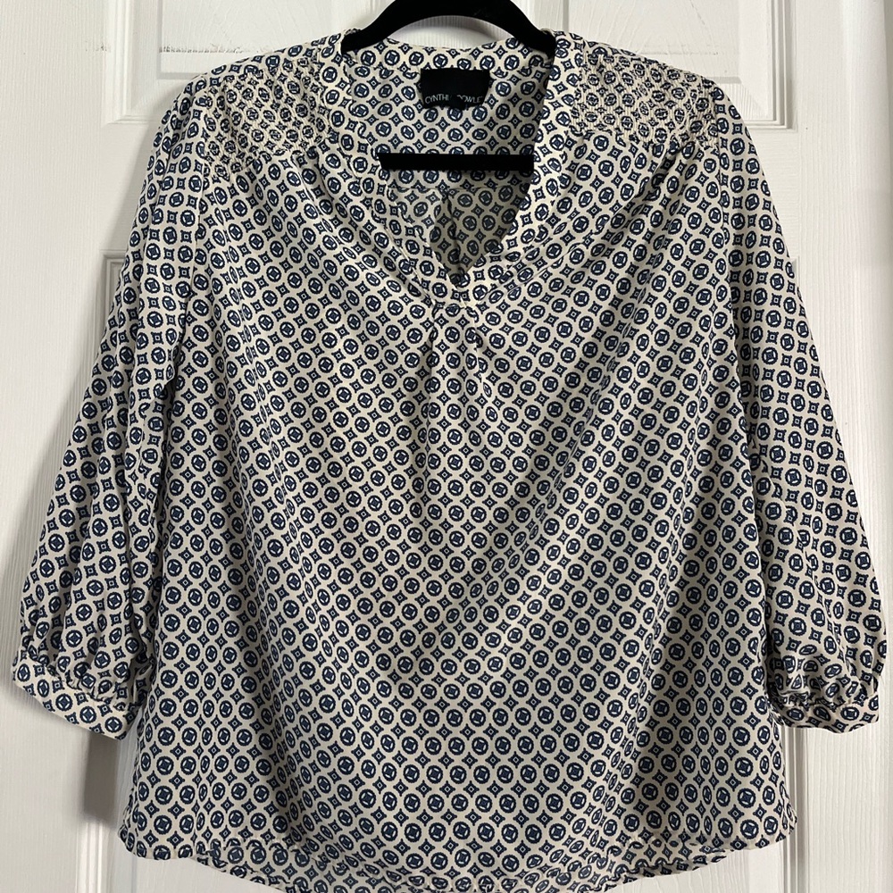 Cynthia Rawley Printed Blouse in Ivory and Navy